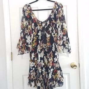 FRY B Silk Navy Boho Floral Ruffle Dress Euc